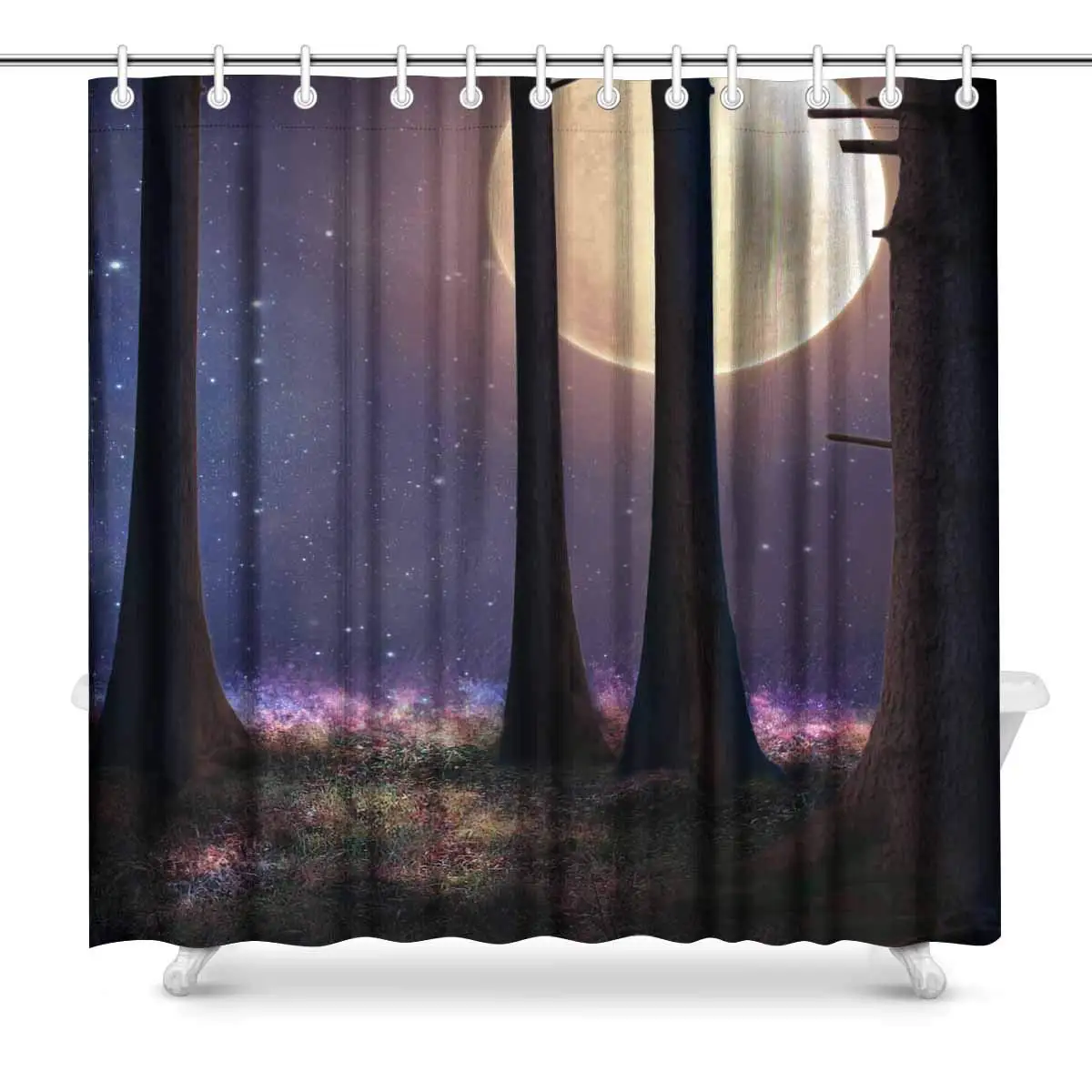 

Tall Trees Forest Illuminated with a Big Full Moon Waterproof Shower Curtain Decor Fabric Bathroom Set with Hooks, 72(Wide) x