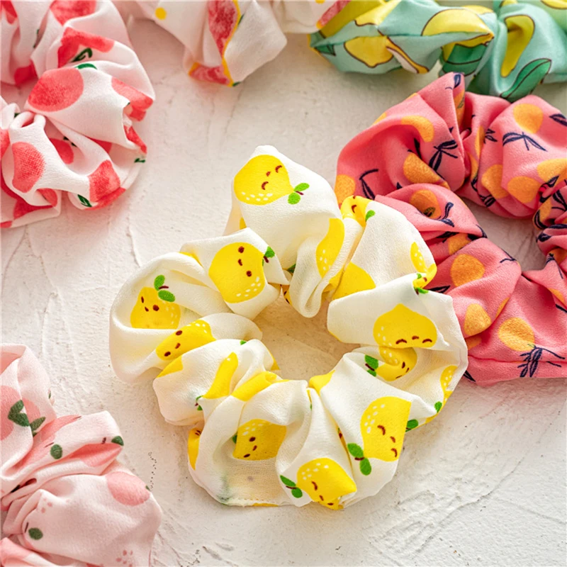 Rubber hair band, summer fruit print, lemon, grapefruit, pear, peach, hair accessories for girls and women.