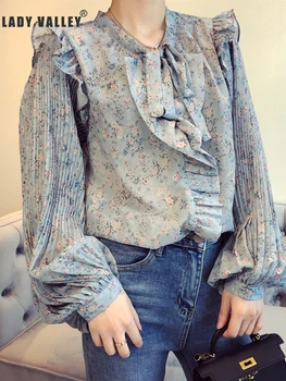 

Free Shipping Bandage Bow-neck Collar Lotus Frill Decoration Pleated Lantern Sleeve Floral Chiffon Shirt Ladies Spring New Loose
