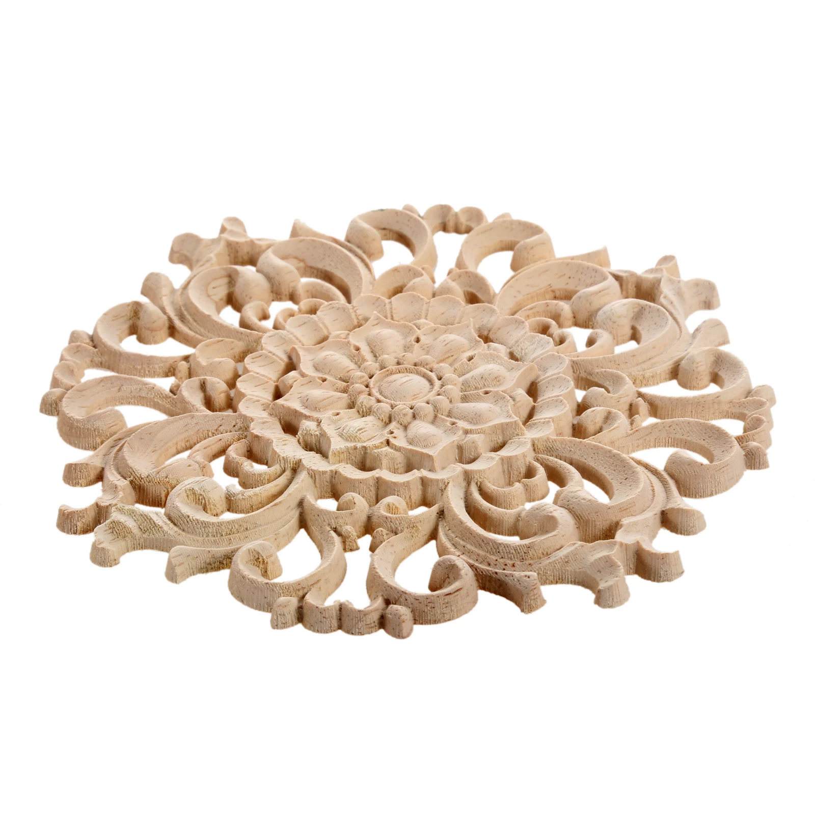Description Picture 3 of item1pc Round Flower Wood Carving Decal Unpainted Disc Onlay Decor Door Furniture Symmetrical Court European Style 10cm 3D Disc
