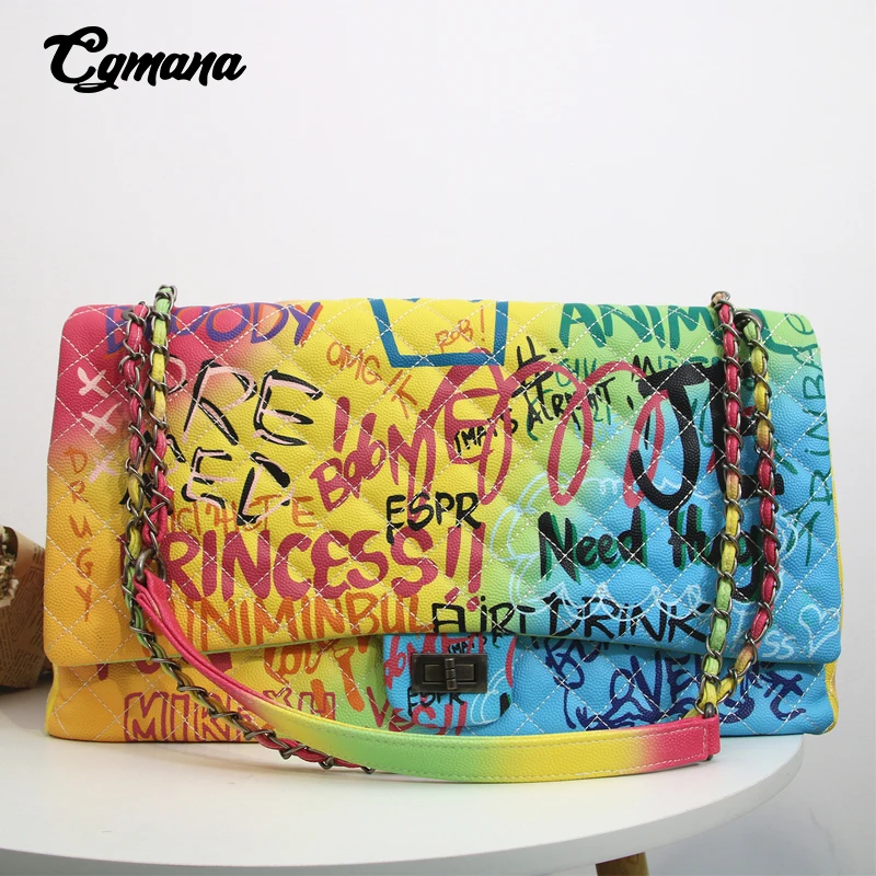 

Women Bag 2020 Color Graffiti Printed Shoulder Big Bags Large Travel Bags Women Brand Luxury Chain Handbags Women Duffle Bag