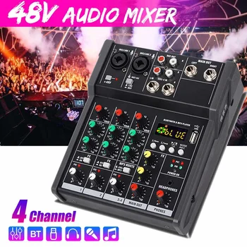 

LEORY 4 Channel Bluetooth Sound Card Mixing Console Digital Audio Mixer MP3 USB Input +48V Phantom Power for Music Recording