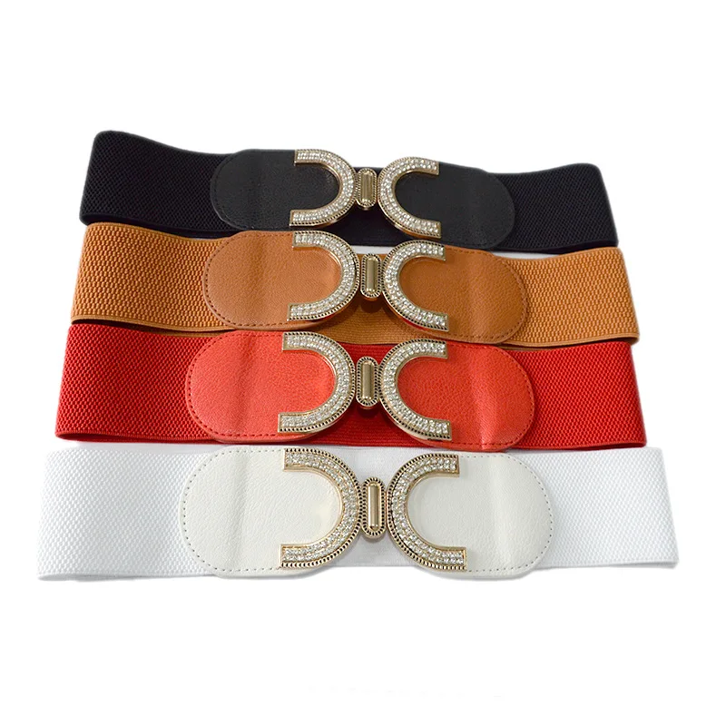 Ceinture Femme Luxe Cristal Large Bouton Décoratif PU - Noir Ceinture Designer Nouveau - Marron