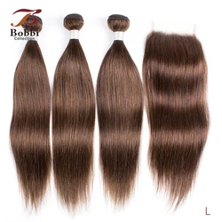 Color 4 Chocolate Brown Straight Hair 2/3 Bundles with 4x4 Lace Closure Remy Human Hair Weave 12-24 inch BOBBI COLLECTION