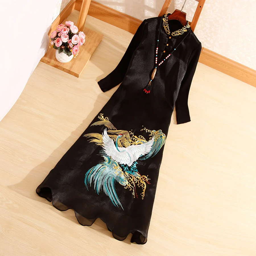 Черный Китайское Стильное женское платье Ogranza Qipao осеннее Королевское Платье с вышивкой, элегантное роскошное платье чонсам - Цвет: Черный