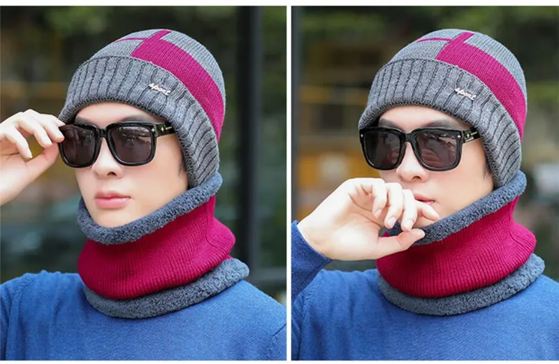 Men Winter Hat And Scarf Man Warm Knitted Plush Hat 2 Pcs Set Male Patchwork Beanies Cap With Ring Scarves Adult Accessorie