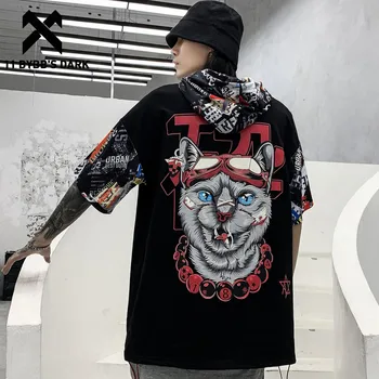 

11 BYBB'S DARK Hip Hop Dark Cat Print Men T Shirt Harajuku 2020 Streetwear Hooded Tops Tees Casual Cotton Short Sleeve