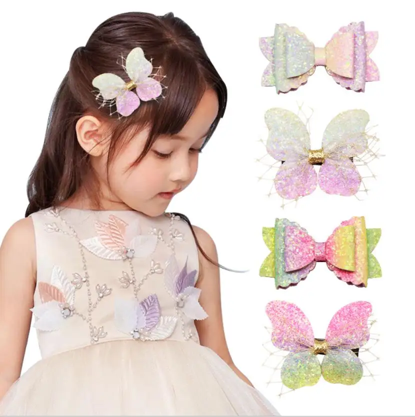 2pcs Girls Handmade Sequins butterfly Hair Clips Shiny Glitter Cute Hairpins Daily School Barrettes Headwear Accessoires J116