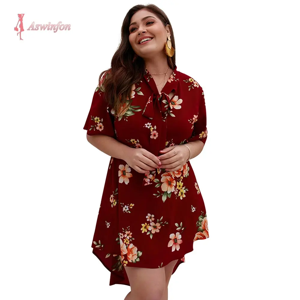 

Aswinfon Plus Size Dress for Women Summer Large Size Short Sleeve V-neck Printed Floral Elegant Sexy Dresses Ladies\