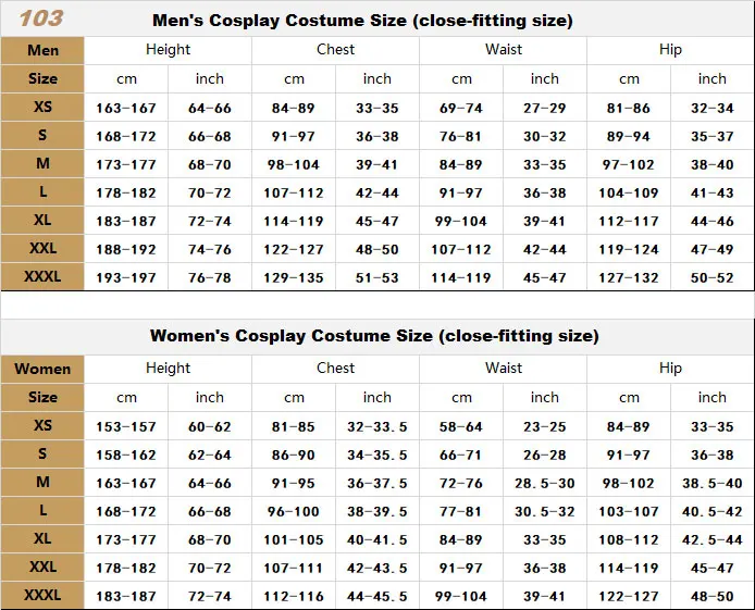 No.103 size chart