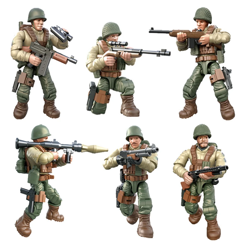 6pcs/set US Militär Soldaten mit Waffen Bausteine Bricks WW2 Armee Figuren 