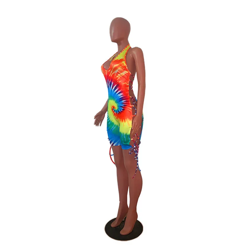 Adogirl Tie Dye Print Women Jumpsuit Lace Up Backless Bandage Playsuit 2020 Summer Women Sexy Deep V Neck Sleeveless Tank Romper Adogirl Tie Dye Print Women Jumpsuit Lace Up Backless Bandage Playsuit 2020 Summer Women Sexy Deep V Neck Sleeveless Tank Romper