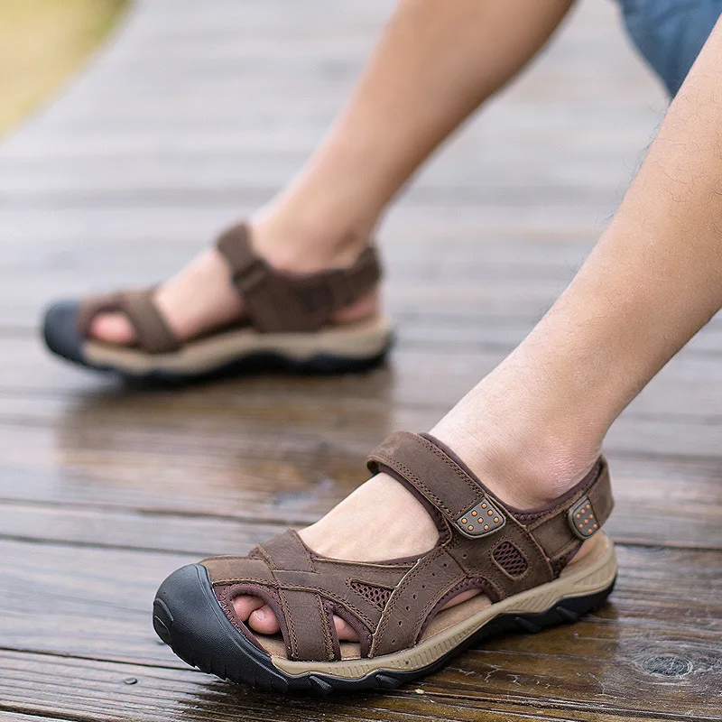 

New Style Full-grain Leather MEN'S Sandals Men Casual Outdoor Sandals Upstream Shoes Men's Large Size Closed-toe Slippers