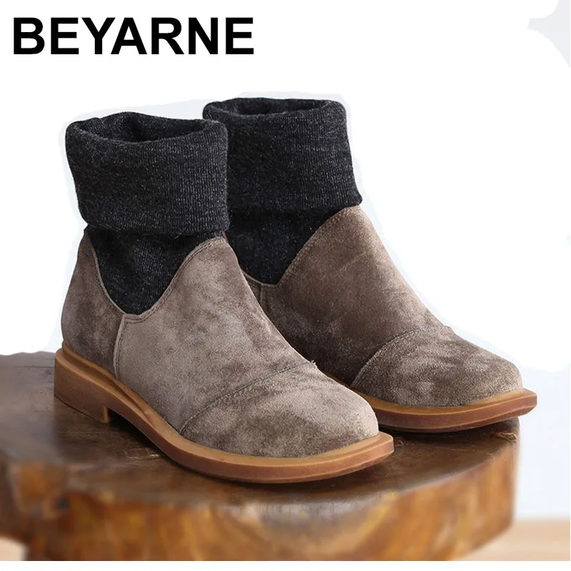 

BEYARNE designer genuine leather winter boots for women ankle boots Slip On Round Toe spring autumn Flats Chelsea boots Womanz