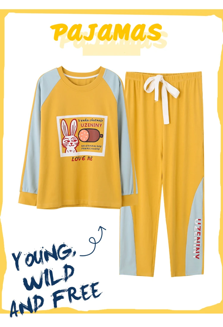 Autumn New Cotton Printing Lapel Top+ Long Pant 2 Piece Sets Pajamas Set For Women Cute Sleepwear Girls Pyjama M L XL XXL