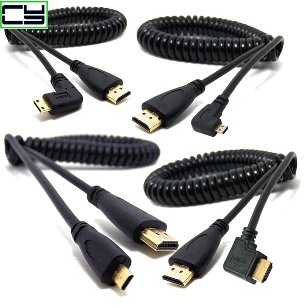 

0.5M/1.5M HDMI to Right & Left Angle Mini HDMI & HDMI & Micro HDMI male to male stretch Spring Curl Flexible Cable V1.4 DSLR