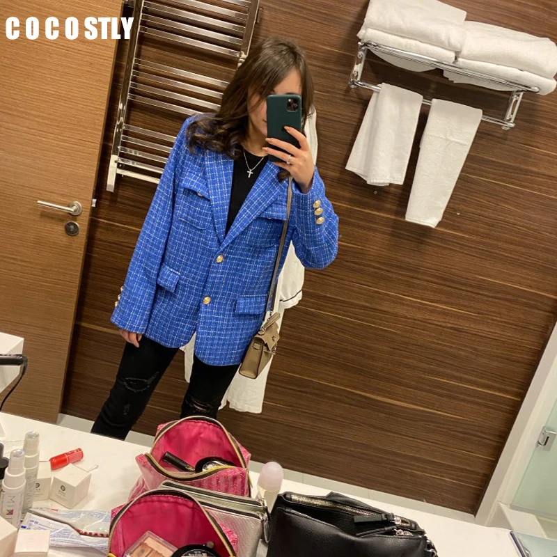 Женский твидовый блейзер в клетку однобортный офисный пиджак с длинным рукавом