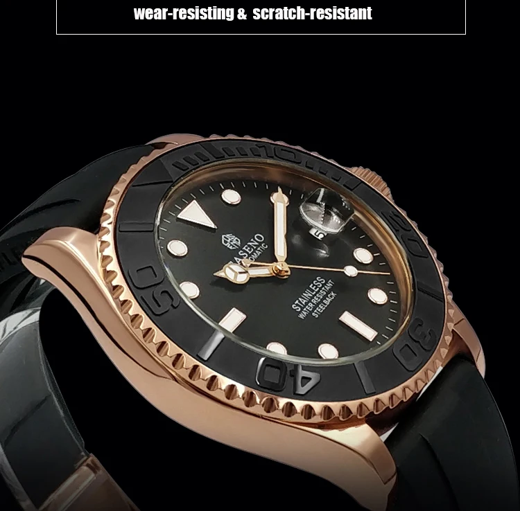 Automatic Mechanical Watch Men Top Luxury Brand Mens Watches Black Ceramic Outer Ring Gold Stainless Steel Silicone Watch CASENO