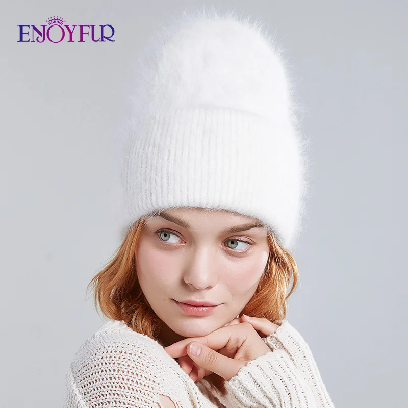 ENJOYFUR зимние шапки для женщин, теплые длинные женские шапки из кроличьего меха, модные однотонные шапки с широкими манжетами, молодежные стильные шапочки - Цвет: 10