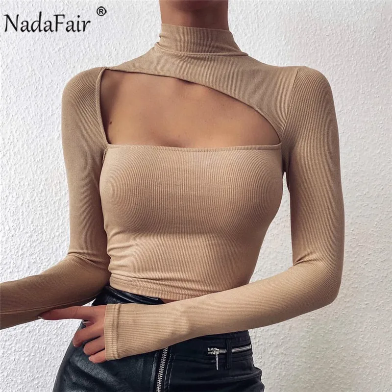 Nadafair вязанные открытые сексуальные топы кроп женские футболки с воротником