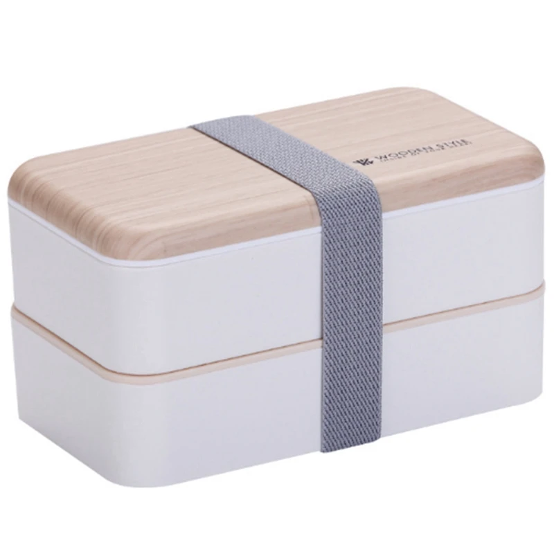

ABUI-Double Layer Lunch Box Wood Grain Lid Microwave Bento Boxes Kids Food Container Storage Portable Picnic Box 1200ml Can Be S