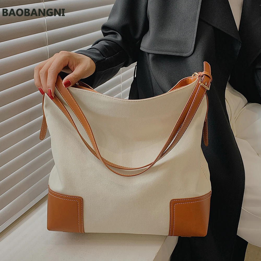 

New Female Shoulder Bag Canvas Stitching Women Handbag Large Capacity Contrast Color Leisure Creativity Ladies Shopping Bag