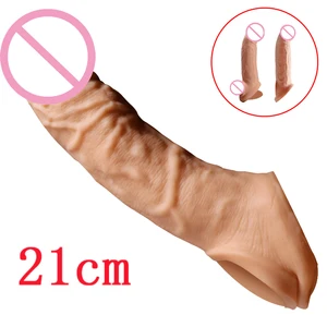 21Cm Erweiterung Penis Extender Sleeve Wiederverwendbare Kondom Verzögerung Ejakulation Weichen Dildo Sex Spielzeug Für Männer Intime Erotische Sex-Shop