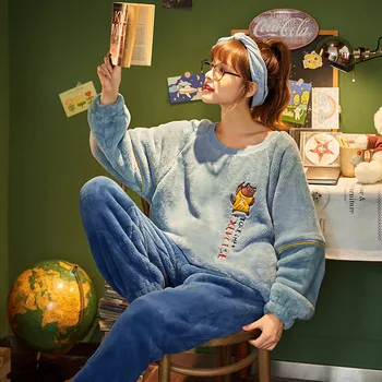 

Pajama Sets Women Leisure Coral Velvet Daily Thickening Warm Korean Style Womens Soft O-neck Elegant Sleepwear New Printed Loose