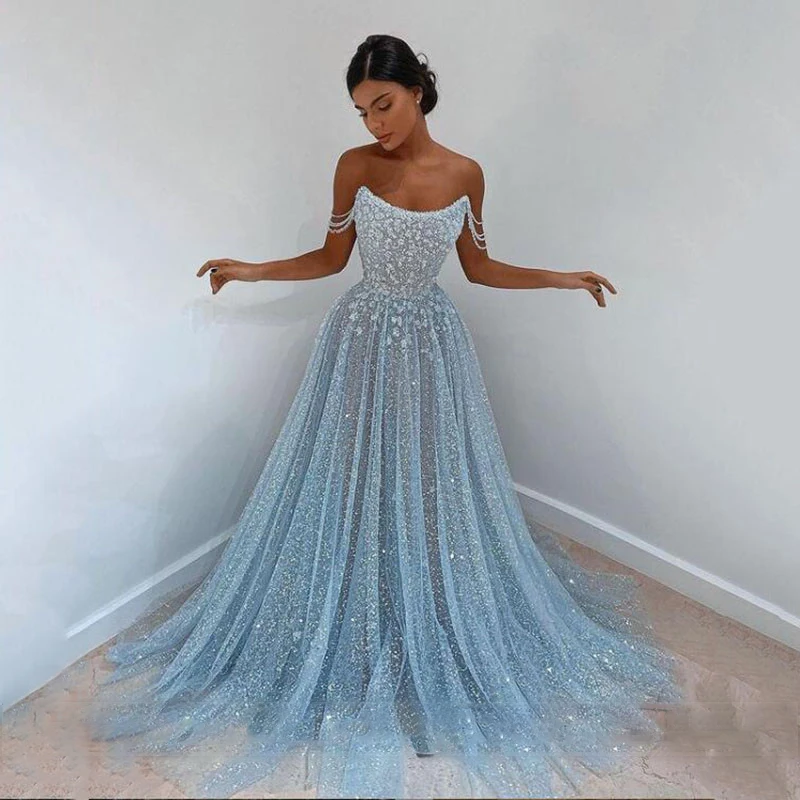 Boho A Line Prom Dress Boat Neck Beaded Appliques Tulle Sweep Train Women Cocktail Party Gowns Vestido De Fiesta royal blue prom dresses