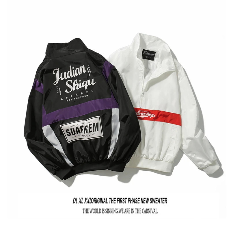 

Vintage Mens Jacket Zipper Wind Proof Varsity High Collar Bomber Windbreaker Jacket Men Hip Hop Anorak Japanese Streetwear 5J50