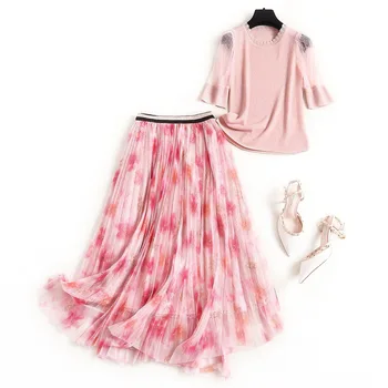 

Women floral mesh skirt asymmetric pink skirts new 2020 spring summer lace sleeve patchwork knitted tops two piece set