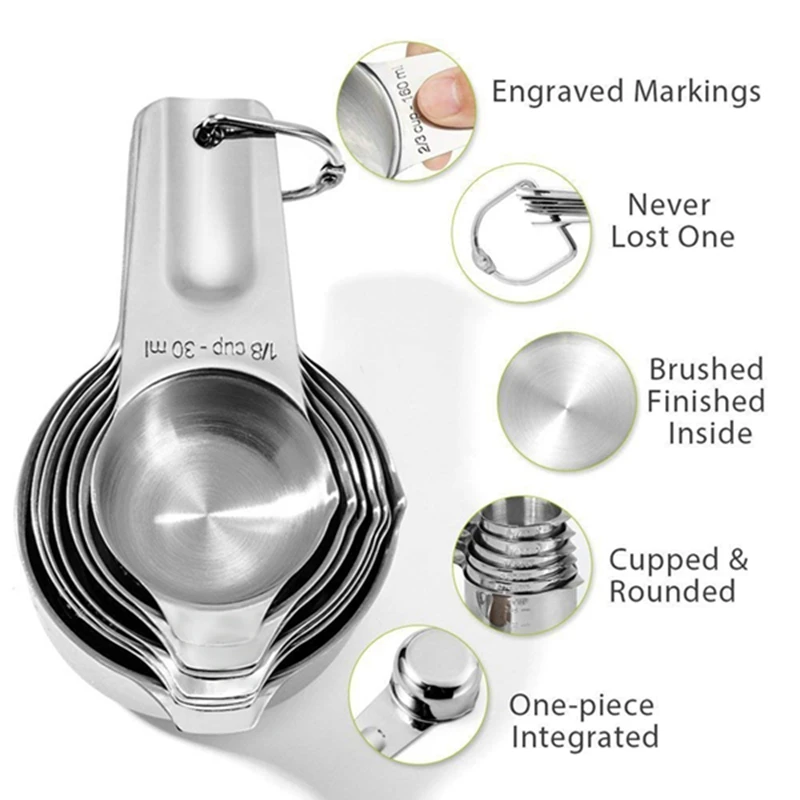 Measuring Cups Set of 7 with 1/8 Cup Coffee Scoop,Stainless Steel Metal Measuring Cup, 7 Piece Stackable Set with Spout