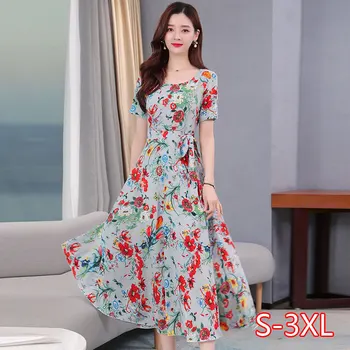 

Chiffon Dress 2020 New Temperament Lady Summer Waist Was Thin And Long Swing Floral Dress Women