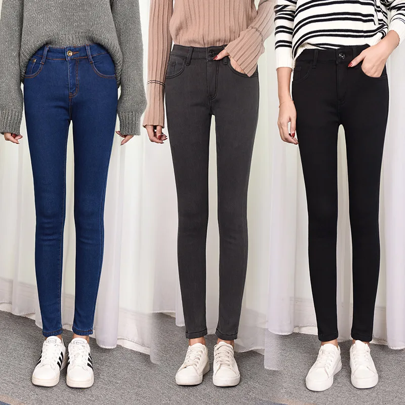 Зима плюс бархатные толстые теплые джинсы плюс размер черные стрейч узкие брюки повседневные джинсы с высокой талией Femme