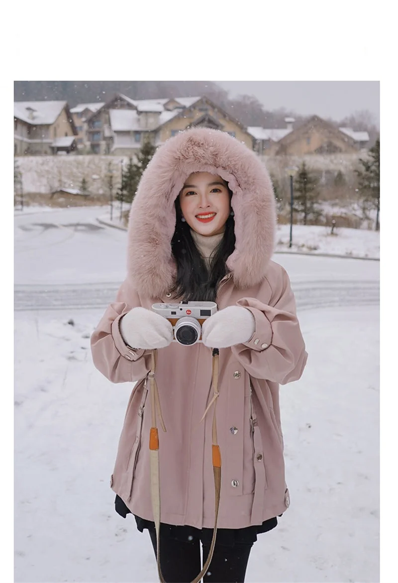 Pink Parker Cotton Clothes Padded Jacket Women Winter 2023 Explosive Padded Coat Mid-length Wild Loose Tooling Thick Coat