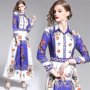 

2019 Autum High Quality Dress Women Long Sleeve High Waist Lapel Collar Vintage Chain Print Single-breasted Long Shirt Dress