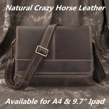 

Luxury Natural Crazy Horse Leather Shoulder Bag Handmade Crossbody Bag Vintage Genuine Leather Men Messenger Bags