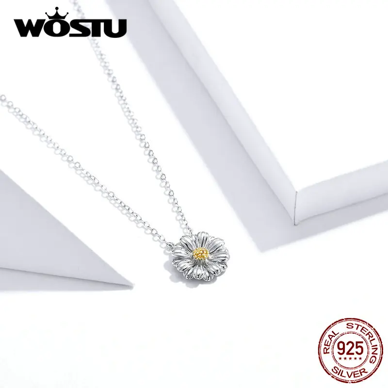 WOSTU,, 925 пробы, серебряная ромашка, желтый цветок, ожерелье на цепочке для женщин, свадебное ожерелье, серебро 925, ювелирное изделие, подарок, BKN370
