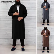 INCERUN Модная комфортная Хлопковая мужская Однотонная ночная рубашка с отворотом и длинным рукавом, мужской халат, повседневный халат с поясом, домашняя одежда, пижамы