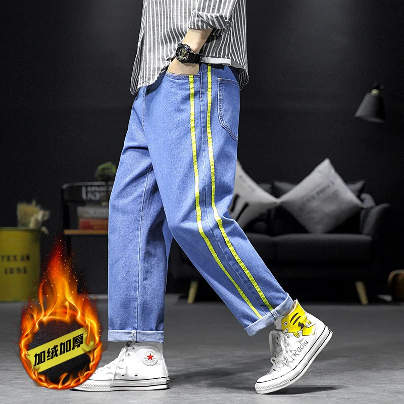 Liketkit мужские повседневные джинсы мужские Свободные флисовые плотные джинсовые штаны в полоску сбоку мужские прямые винтажные джинсы Уличная зимняя одежда