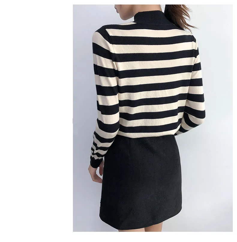2019 New Semi-high-collar Knitted Sweater Women Long Sleeves Loose Stripes Casual Pullovers Black Lady Blue Tops Autumn Winter 2019 New Semi-high-collar Knitted Sweater Women Long Sleeves Loose Stripes Casual Pullovers Black Lady Blue Tops Autumn Winter