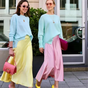 

Vintage high waist skirts womens summer midi skirt Streetwear korean jupe femme casual Boho yellow satin skirt 2020