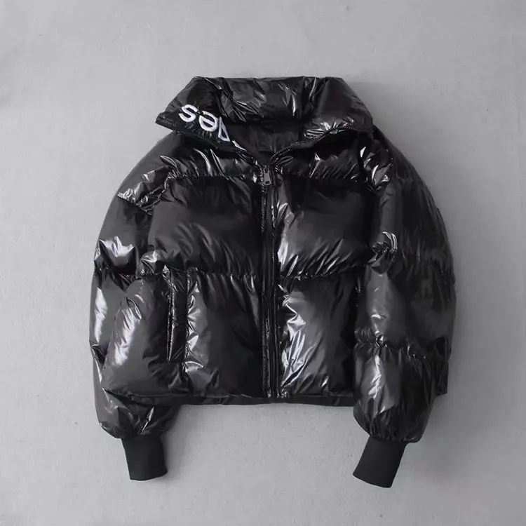 Новая зимняя куртка-пуховик на утином пуху женская короткая куртка с вышитыми буквами, утепленная, свободная - Цвет: Black cotton