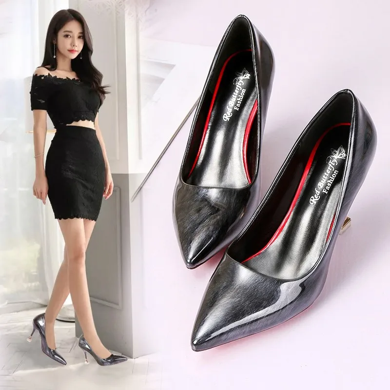 

2018 Winter New Style WOMEN'S Thin Shoes Pointed-Toe Foot Covering Pu Rubber Low-Cut High-Heel Thin Heeled