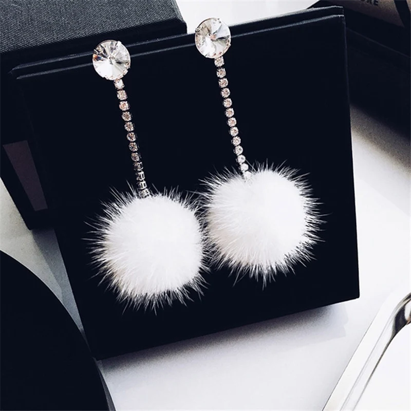

New Year Winter Fashion Jewelry Winter Earrings Cute Gift Rhinestones White Fur Ball Long Earrings For Women Jewelry Accessories