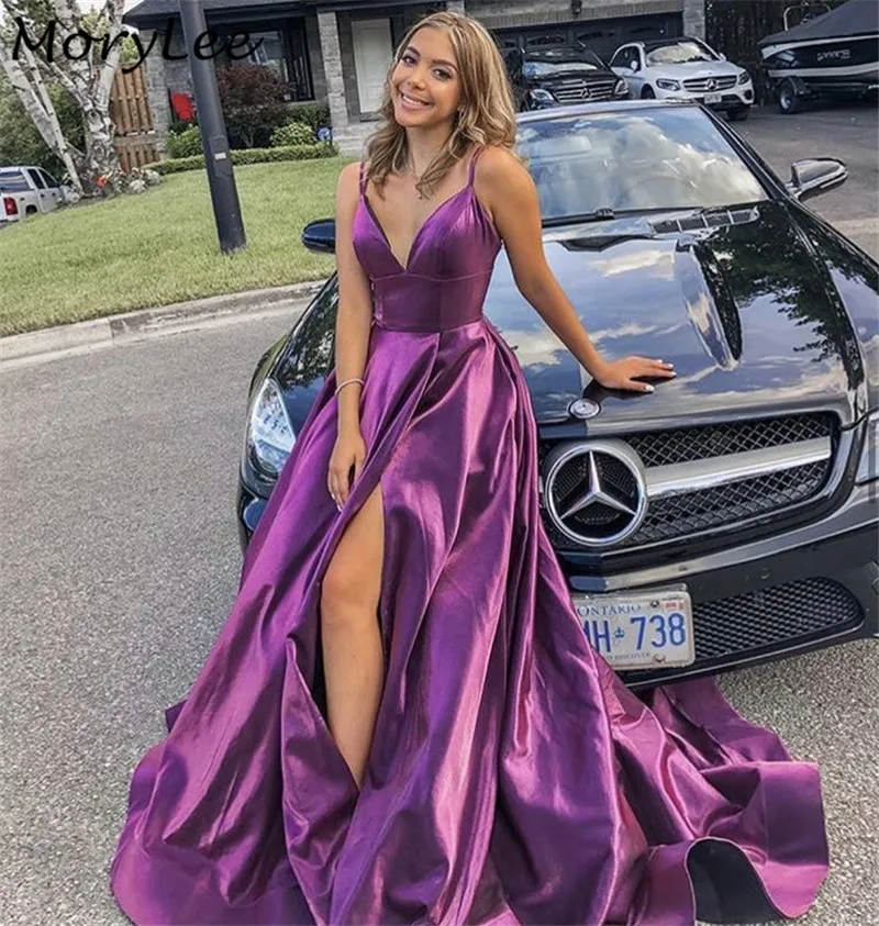 Side Slit Silk Satin Prom Dresses 