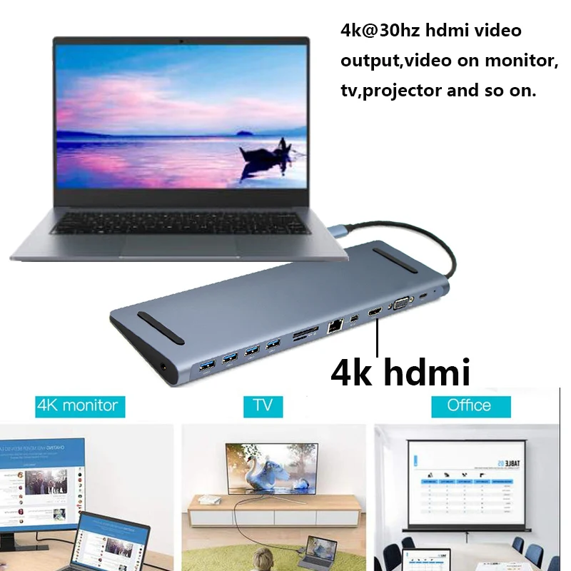 USB C 허브 c형 12 인 1 USB 3.0 HDMI 4K RJ45 어댑터, 마이크로 SD TF 카드 리더기 허브 c형 PD 포트 이더넷 네트워크 및 디스플레이 