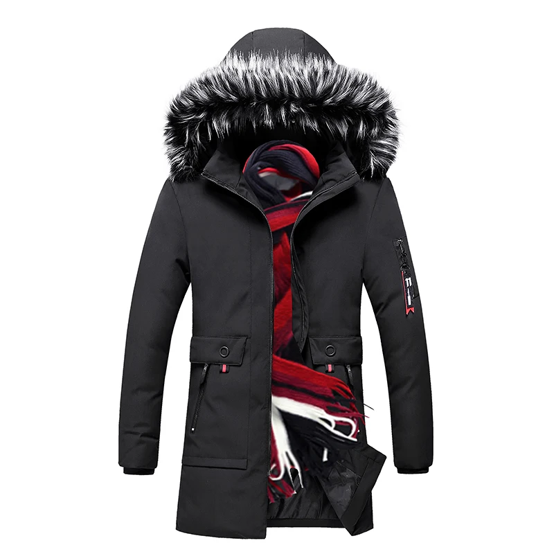 

British Fashion Winter Jacket Men Fur Collar Black Hooded Coats Inner Velvet Thick Long Trench Men Down Jackets Warm Parkas Men
