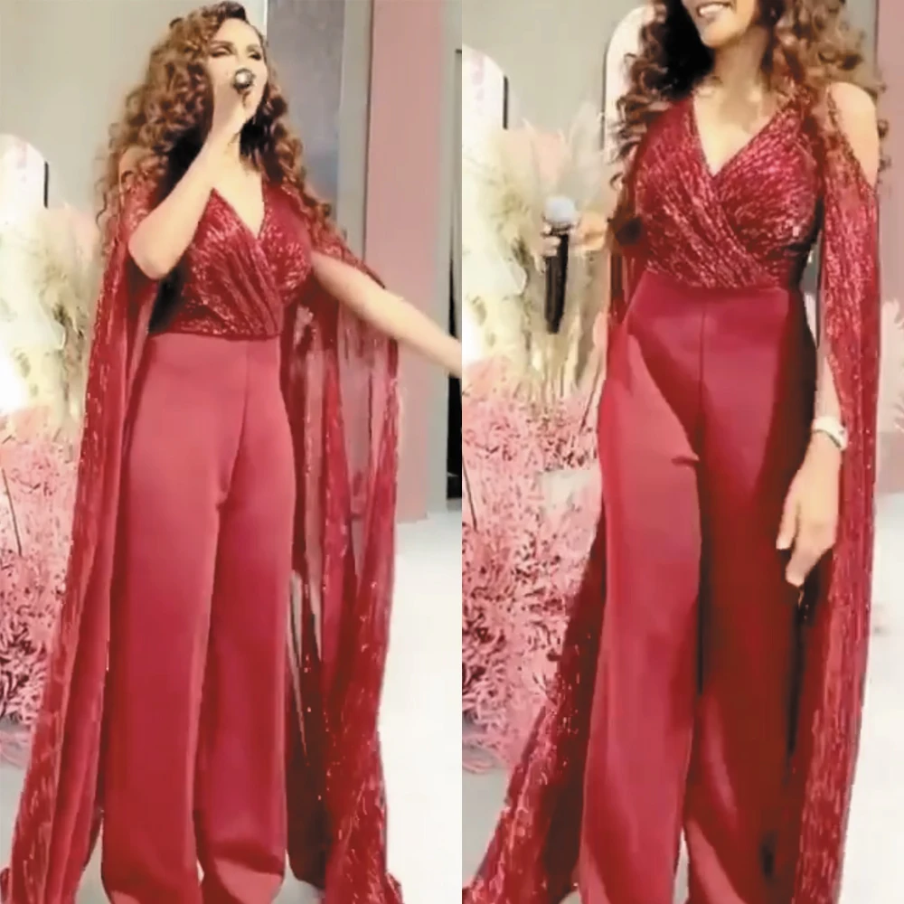 

SuperKimJo Vestido De Fiesta Sparkly Jumpsuit for Women Burgundy Sequin Pant Suit for Weddings Prom Dresses Vestidos De Gala