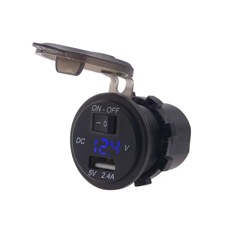 

New 2.4A USB Car Charger Socket Power Outlet Adapter With ON OFF Switch LED Voltmeter For Car Marine ATV Boat Motorcycle Truck
